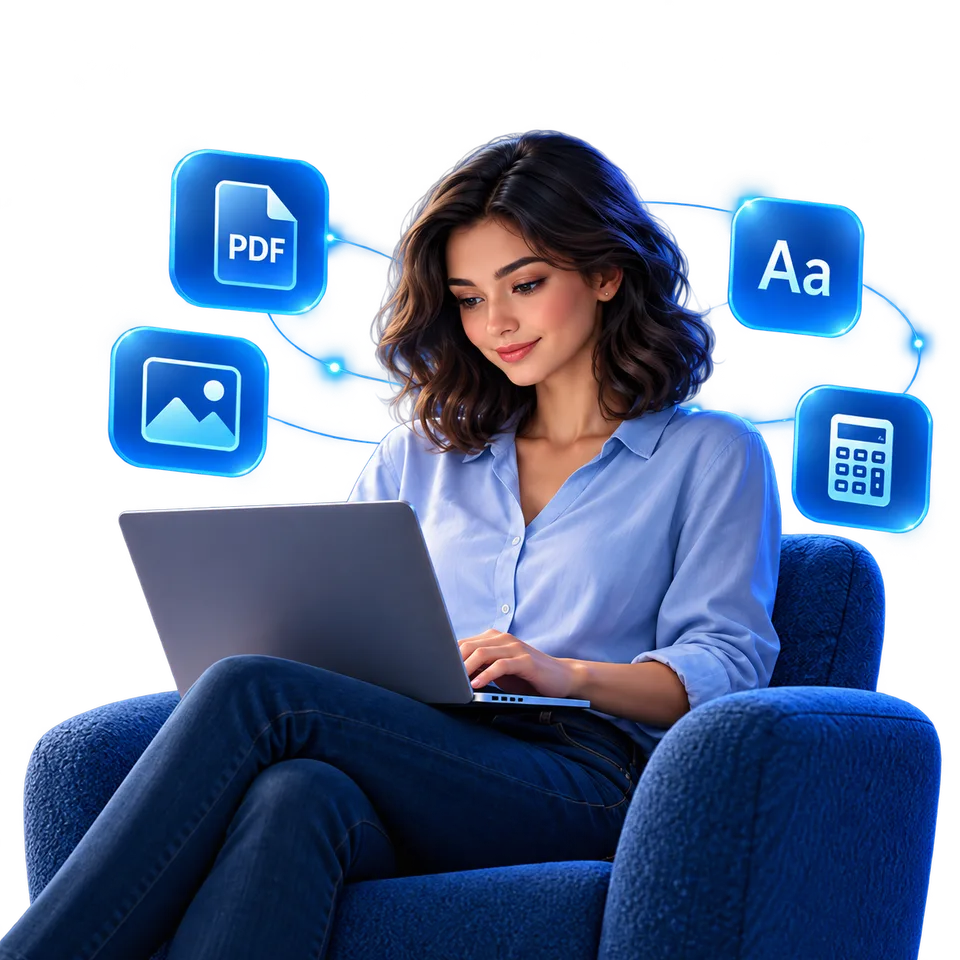 Woman using a laptop with floating PDF, text, image and calculator icons